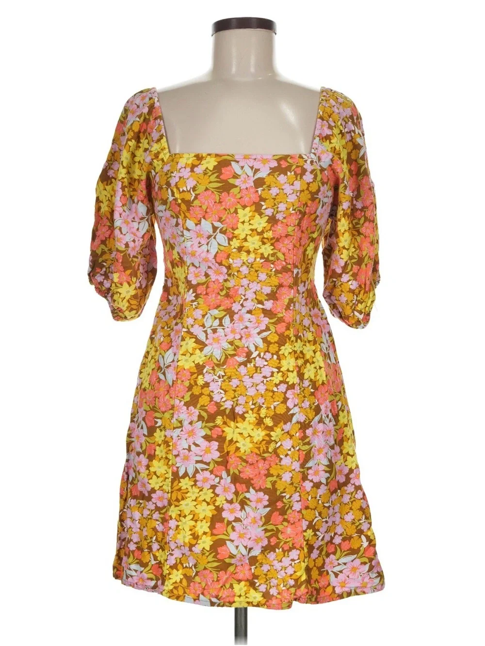 Floral Puff Sleeve Square Neck Dress in Multi-Color